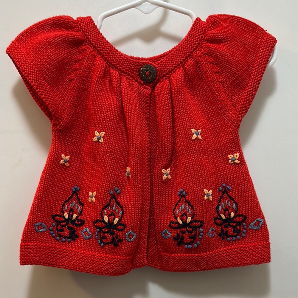 Tea Collection Red Knitted Baby Cardigan with Embroidery Size 6-12 months